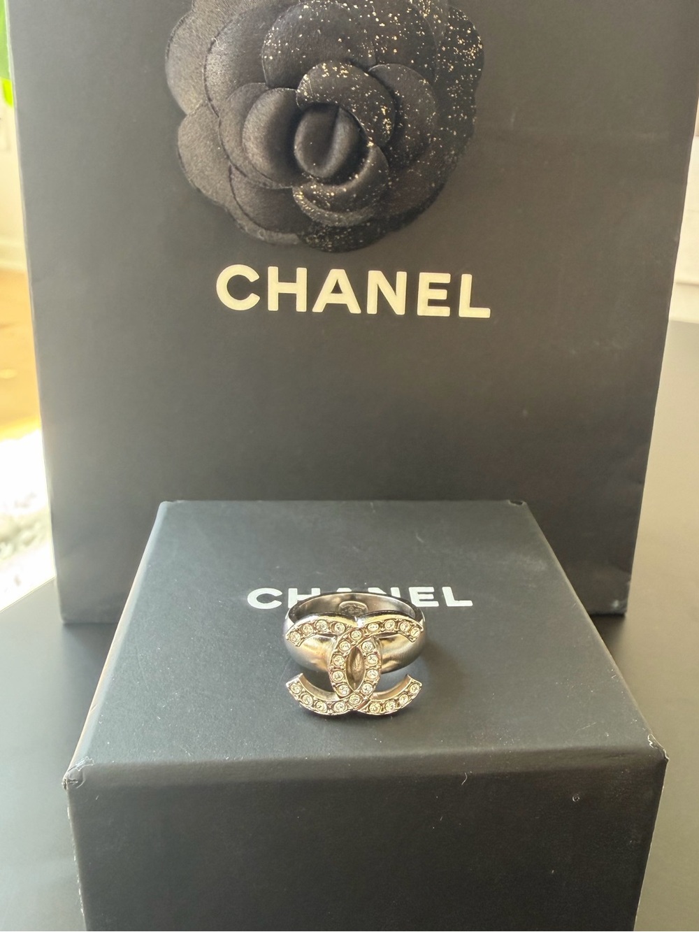 CHANEL Crystal CC Logo Ring in Silver Tone with Clear Crystals size US 5.5 NEW